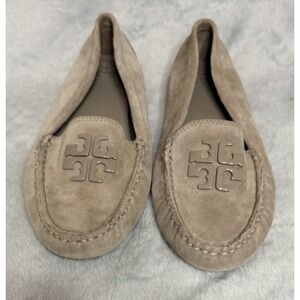 Tory Burch French Gray Taupe Suede Leather Lowell 2 Driver Loafer SZ 9 NEW